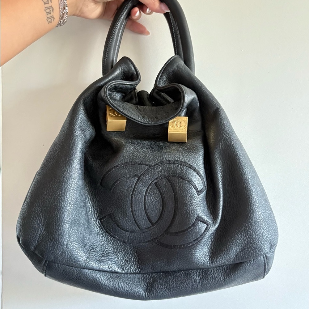 Authentic Vintage Chanel “Dice Bag” Black Real Leather Bag with Gold Dice